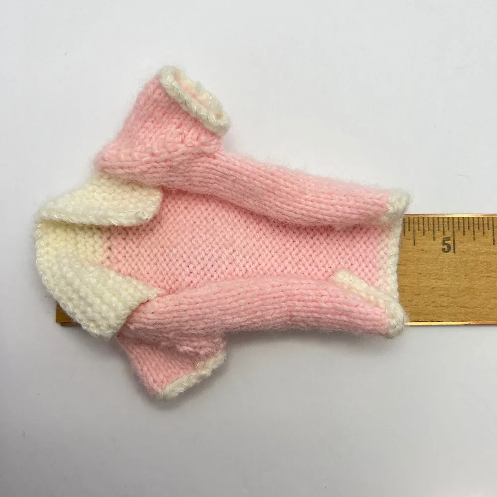 Vintage Handmade Knit Barbie Doll Outfit Set Halter Dress Sweater Hat Pink White